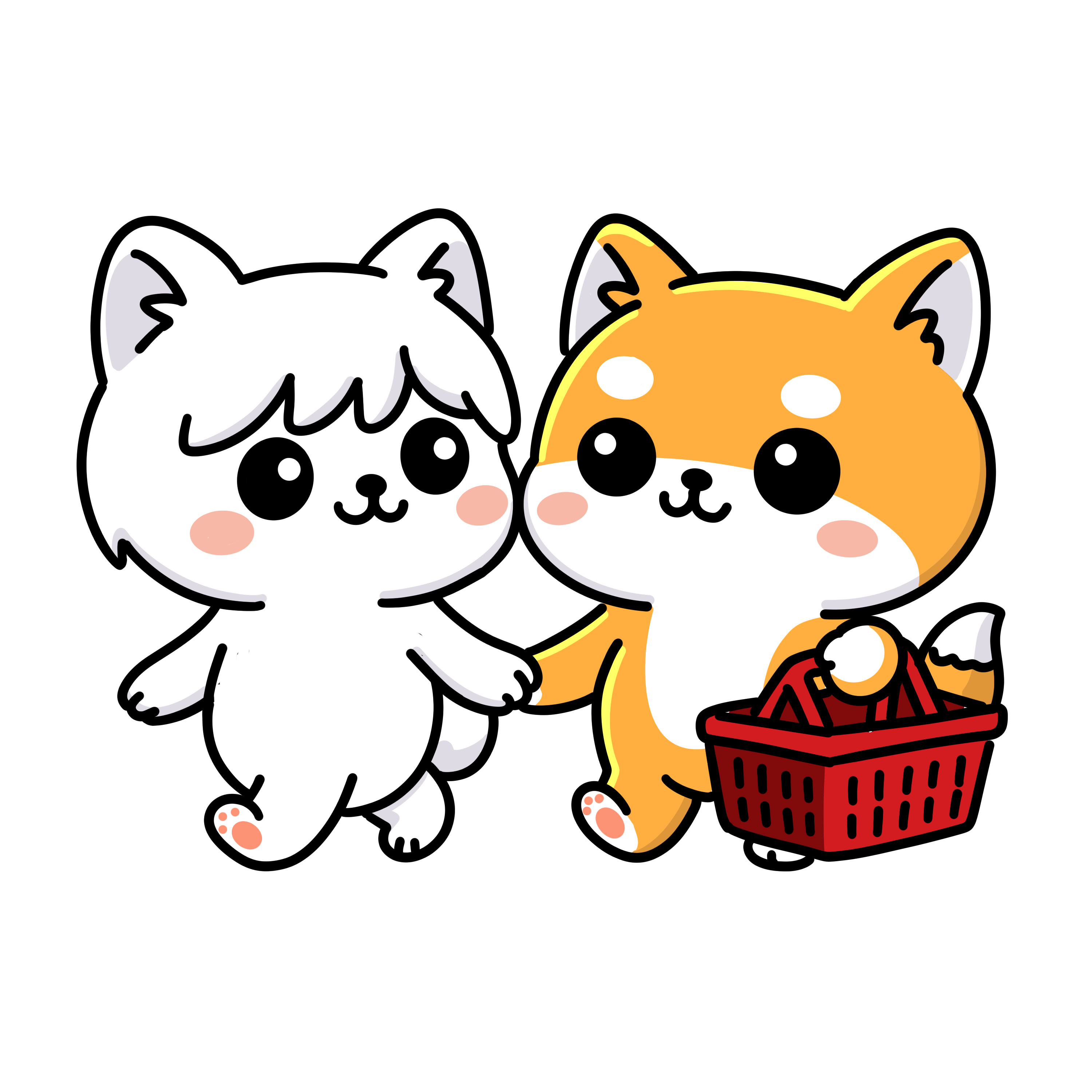 Two happy cats shopping with a basket of treats